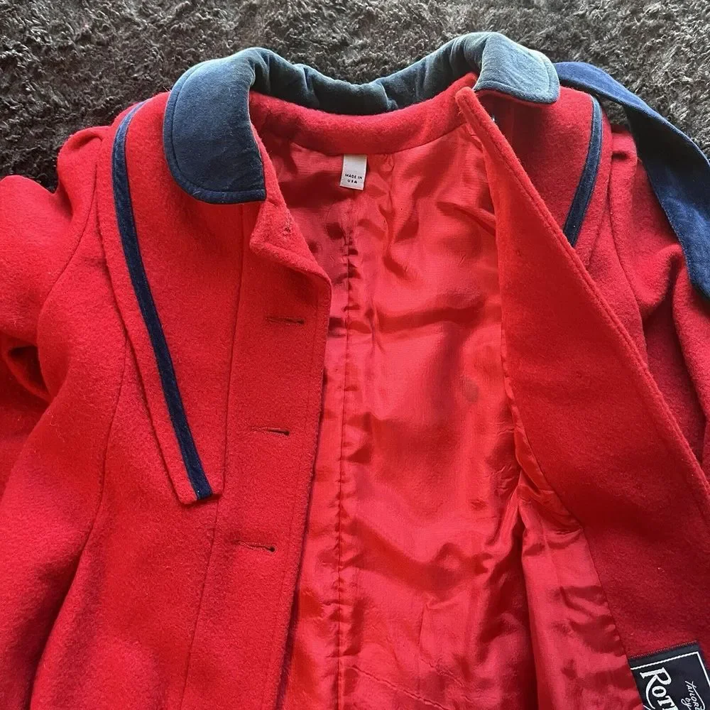 Vintage 80s Wool Nylon‎ Red Christmas Coat Girls 6X Tailored by Rothschild USA